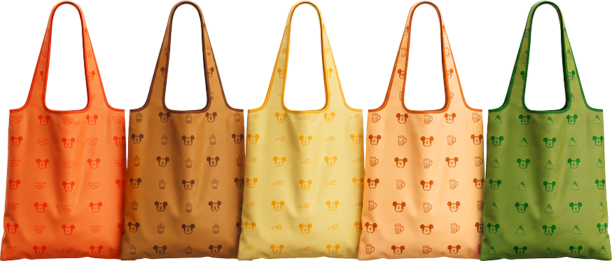 Five foldable tote bag designs included with the Mickey Mouse plushies